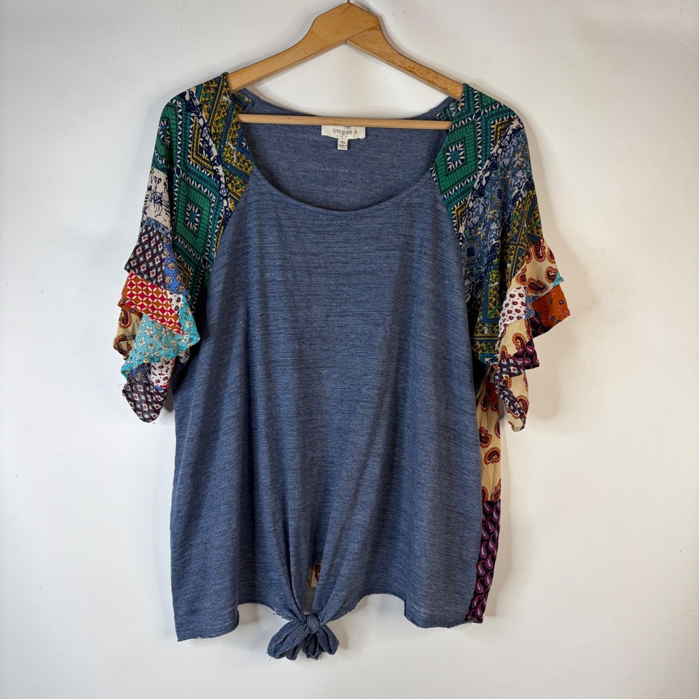 Umgee Top Women 1XL Blue Patchwork Mixed Media Ruffle Sleeve Tie Front Boho